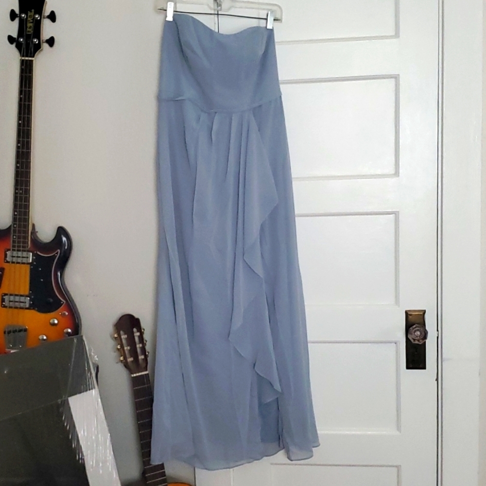 Davids Bridal dusty blue strapless bridesmaid dress